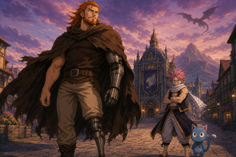 Gildarts stands beside Natsu and Happy in Magnolia while a distant black dragon shadow recalls the failed 100 Years Quest.