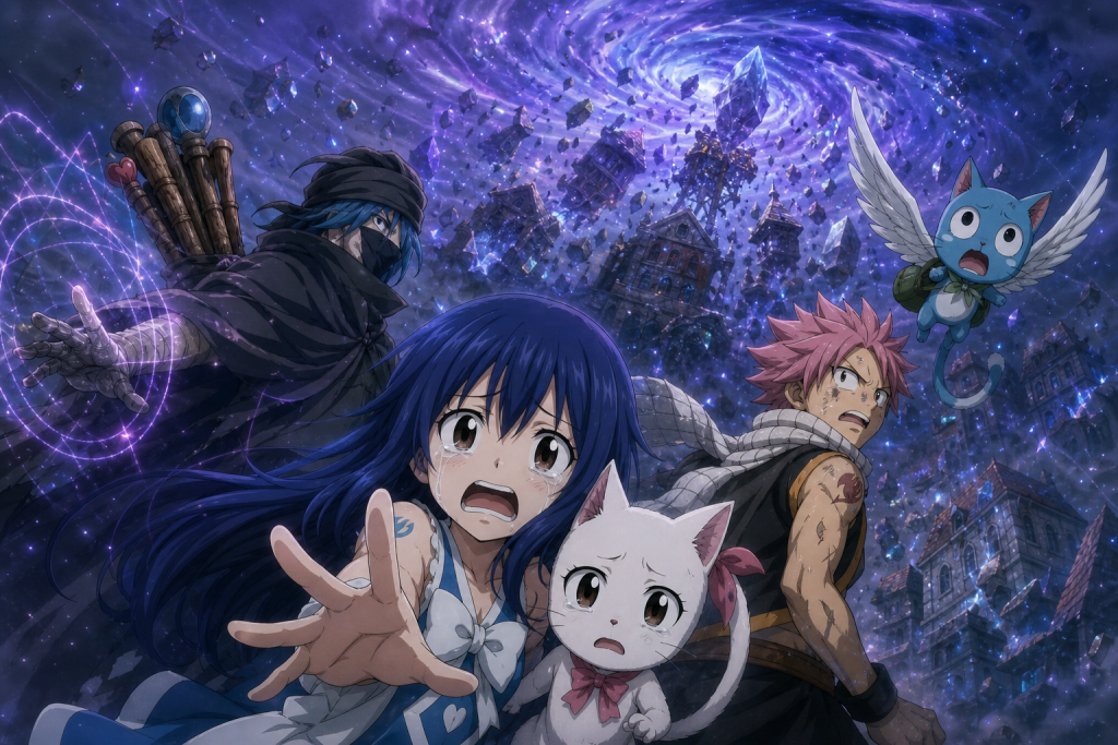 Wendy and Carla face Mystogan as Anima pulls Magnolia into the sky while Natsu and Happy remain below.
