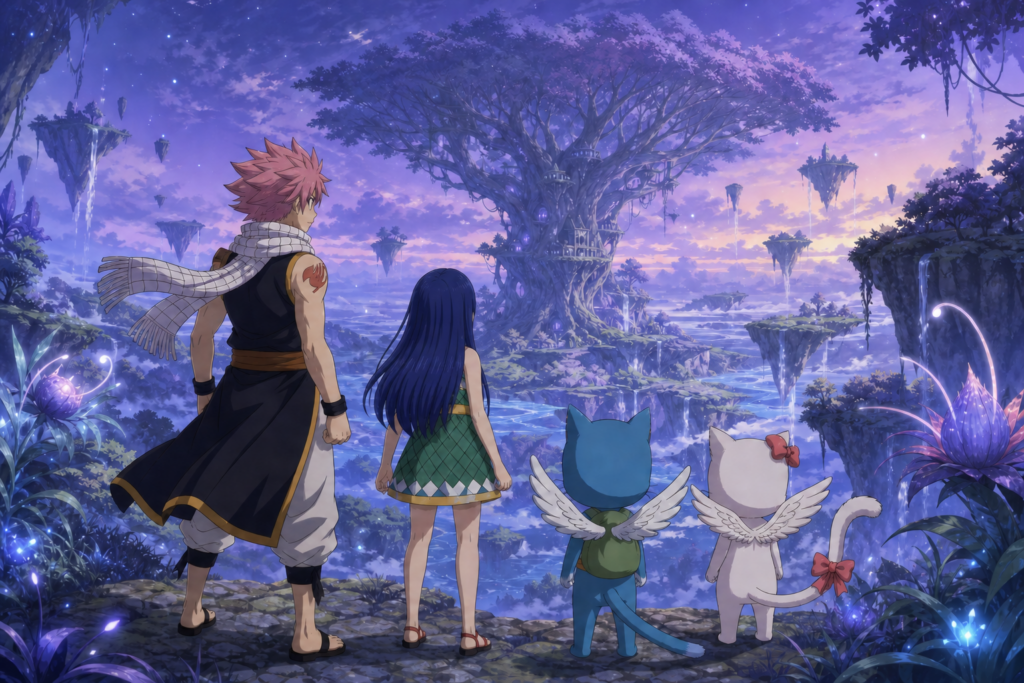 Natsu, Wendy, Happy, and Carla cross Edolas beneath floating islands as the tree-shaped alternate Fairy Tail guild appears ahead.