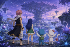 Natsu, Wendy, Happy, and Carla cross Edolas beneath floating islands as the tree-shaped alternate Fairy Tail guild appears ahead.