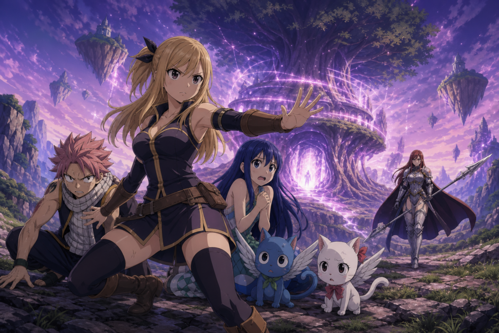 Lucy Ashley shields Natsu, Wendy, Happy, and Carla as the tree-shaped Edolas Fairy Tail guild relocates ahead of Erza Knightwalker.