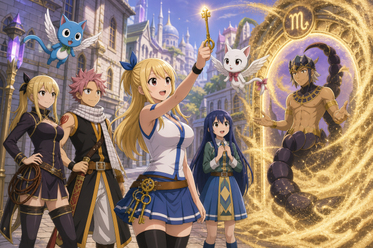 Lucy Heartfilia raises a Celestial Spirit key beside Natsu, Lucy Ashley, Wendy, Happy, Carla, and Scorpio in Edolas