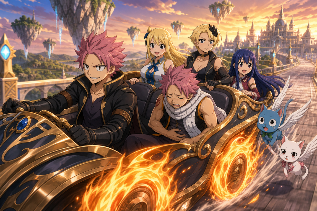 Natsu Dragion drives a flame-wheeled Edolas vehicle with Natsu, Lucy, Wendy, Happy, and Carla racing toward the Royal City