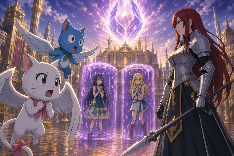 Happy and Carla face Erza Knightwalker while Wendy and Lucy remain contained beneath the giant Magnolia Lacrima in Edolas