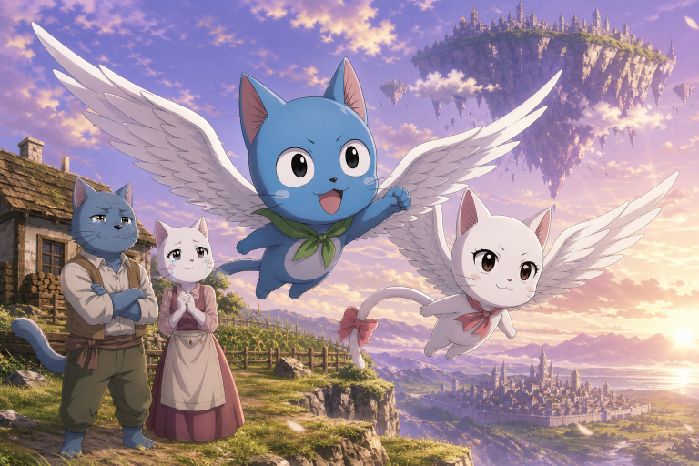 Happy and Carla fly from an Edolas farm while Lucky and Marl watch their son return toward his chosen friends