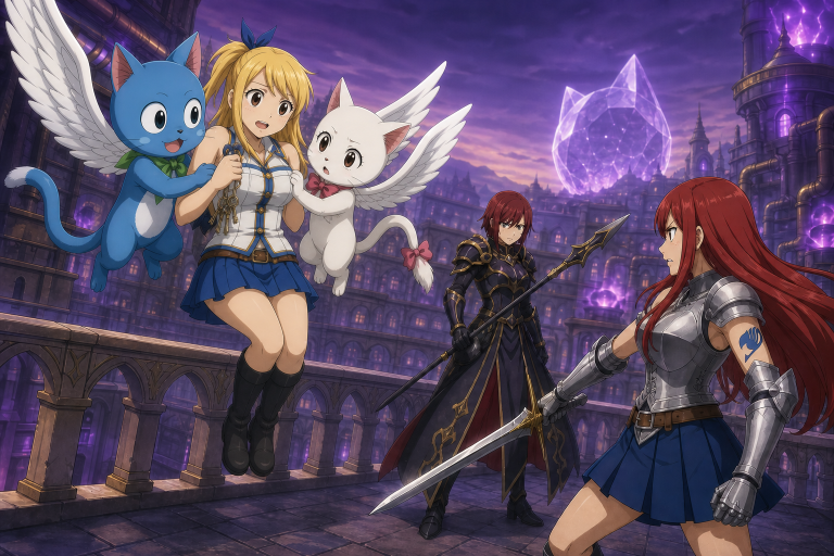 Happy and Carla fly Lucy away as Erza Scarlet confronts Erza Knightwalker beneath the glowing Code ETD Lacrima.