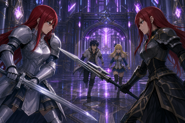 Erza Scarlet crosses swords with Erza Knightwalker while Gray and Lucy run through the Edolas palace rescue corridor.