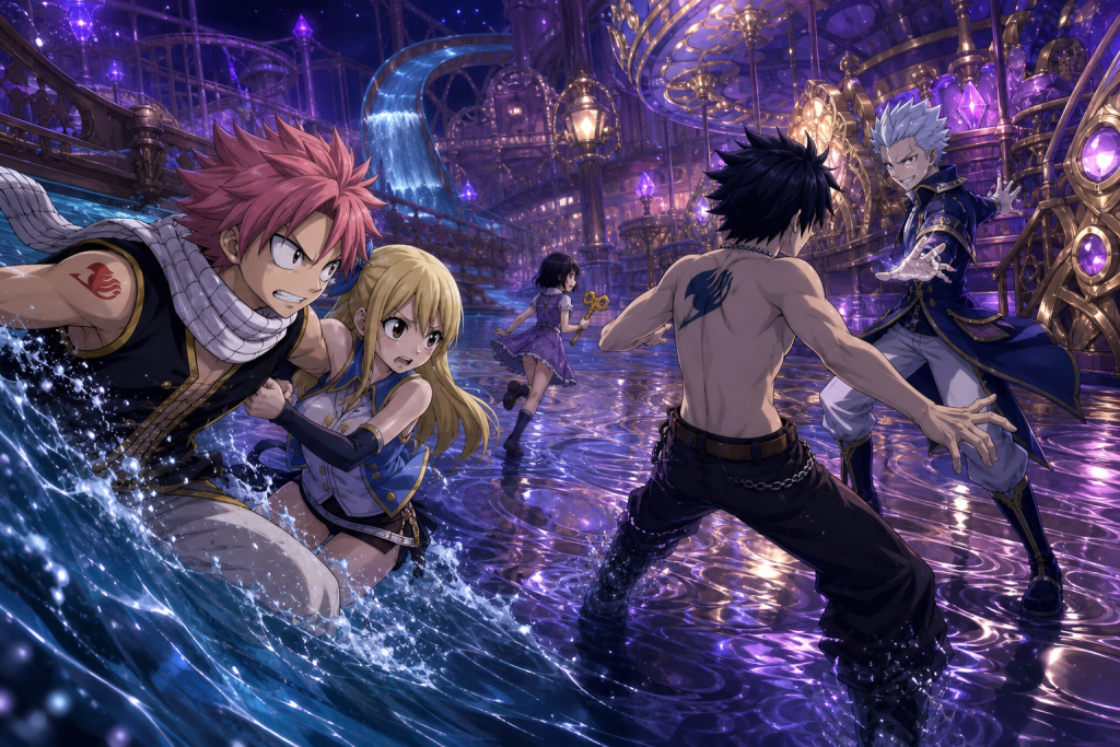 Natsu and Lucy struggle through controlled water while Gray faces Sugarboy and Coco escapes with the Dragon Chain Cannon key.