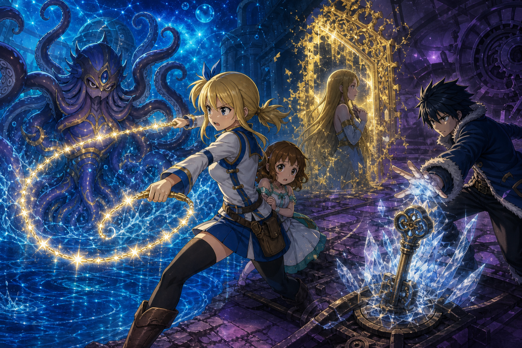 Lucy uses the River of Stars against Byro while Virgos gate fades, Coco shelters behind her, and Gray freezes the cannon key.
