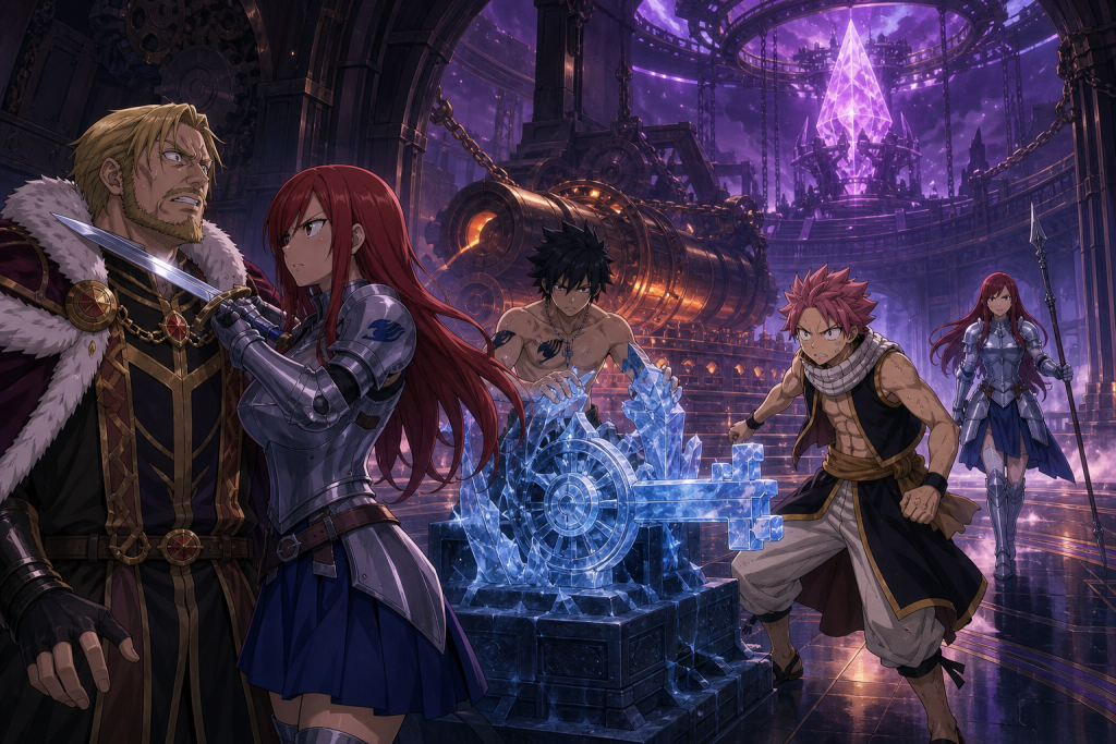 Erza Scarlet holds Faust at swordpoint while Gray controls an ice key, Natsu prepares to move, and Erza Knightwalker enters with her spear.