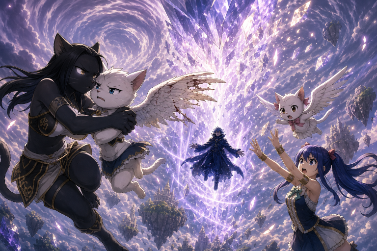 Panther Lily catches one-winged Shagotte while Mystogan arrives through Reverse Anima and Carla and Wendy push beneath the dissolving Lacrima.