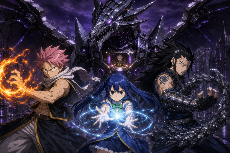 Natsu, Gajeel, and Wendy combine Dragon Slayer magic against Fausts mechanical Dorma Anim in Fairy Tail Episode 91.