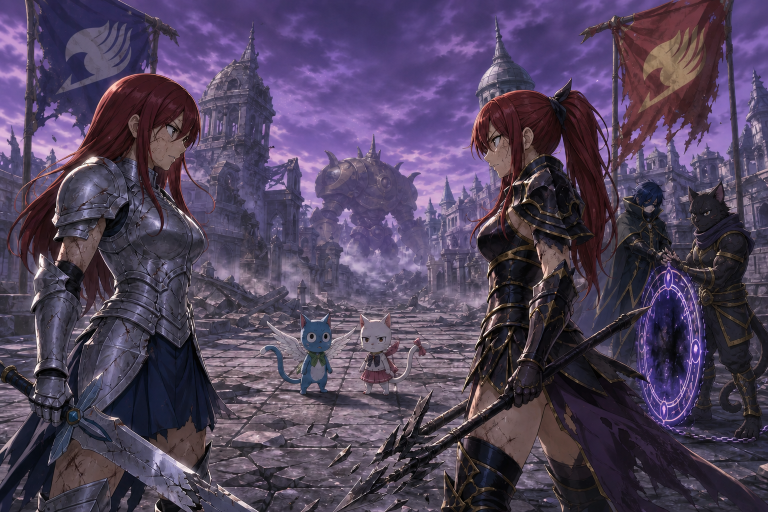 Erza Scarlet and Erza Knightwalker face each other as Happy and Carla stand between them and Mystogan works with Panther Lily at Reverse Anima.