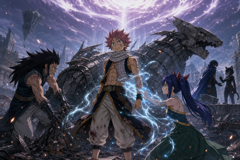 Natsu stands as Gajeel and Wendy help destroy Dorma Anim while Mystogan and Panther Lily face each other under Reverse Anima.
