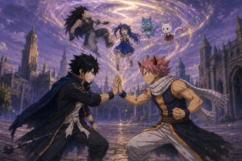 Natsu stages a final fight with Mystogan as Reverse Anima lifts Gajeel, Wendy, Happy, and Carla from Edolas.