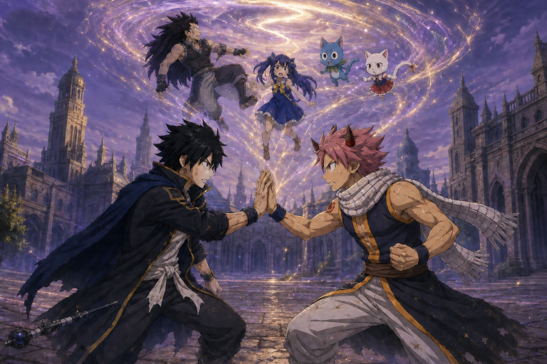 Natsu stages a final fight with Mystogan as Reverse Anima lifts Gajeel, Wendy, Happy, and Carla from Edolas.