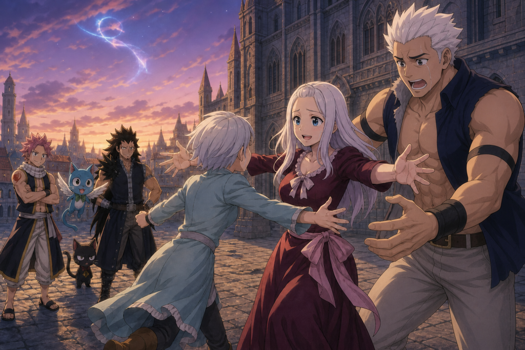 Lisanna runs into Mirajane and Elfmans arms at Kardia Cathedral while Natsu, Happy, Gajeel, and Panther Lily watch.