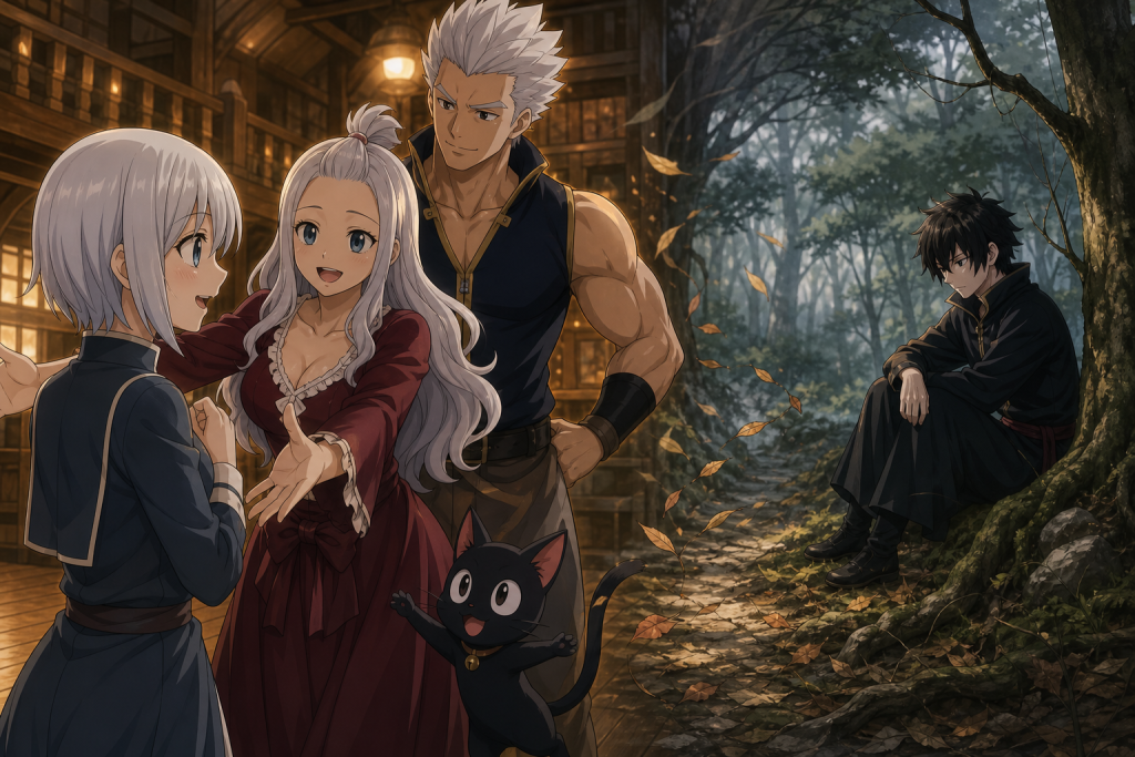 Fairy Tail welcomes Lisanna with Mirajane, Elfman, and Panther Lily while a lonely black-haired boy sits in a fading forest.