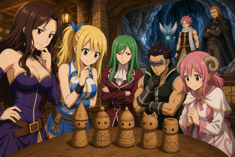 Cana and Lucy face Freed, Bickslow, Aries, and five wooden dolls while Natsu and Happy find Gildarts