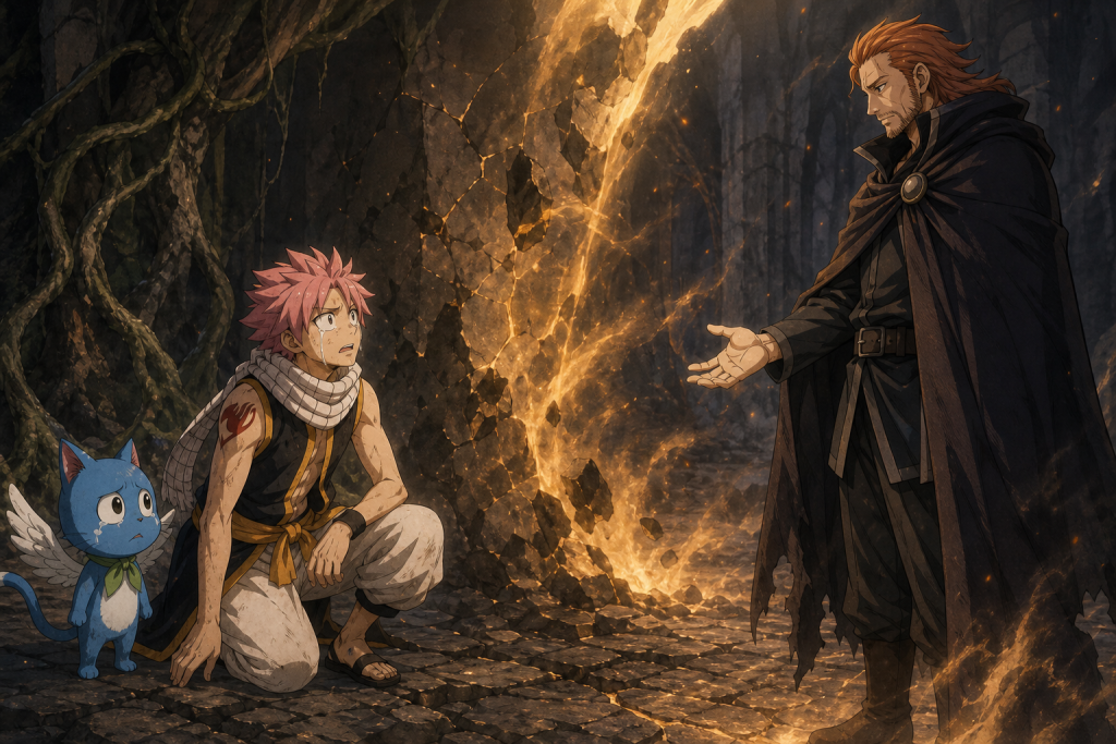 Natsu kneels beside Happy as Gildarts teaches him the value of fear during the Tenrou S-Class trial