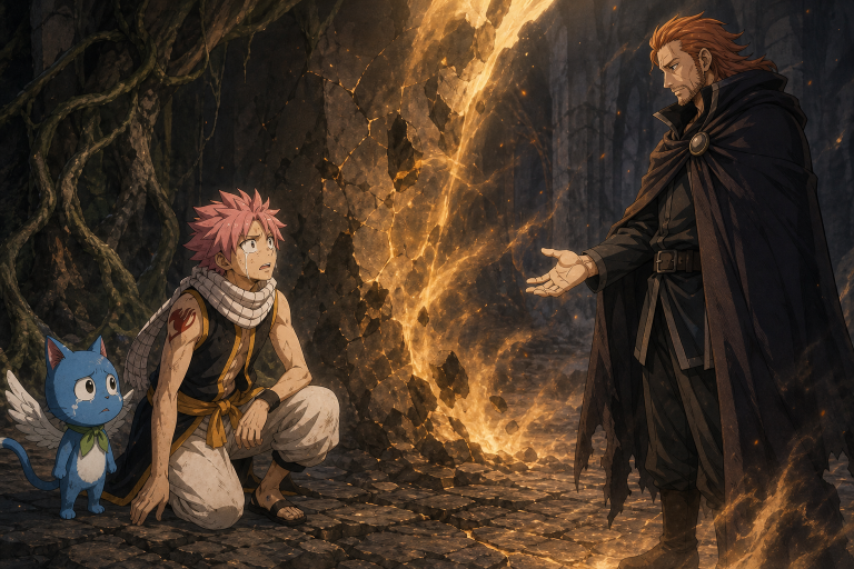 Natsu kneels beside Happy as Gildarts teaches him the value of fear during the Tenrou S-Class trial