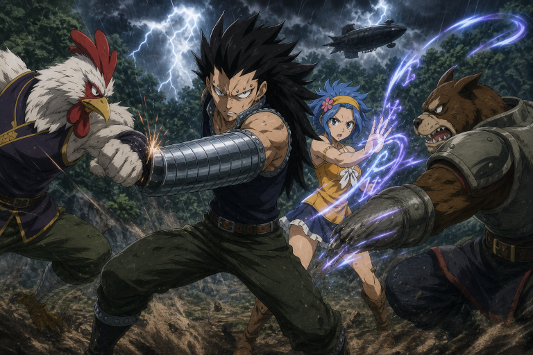 Gajeel protects Levy from Kawazu and Yomazu as Grimoire Heart invades Tenrou Island in Fairy Tail Episode 101
