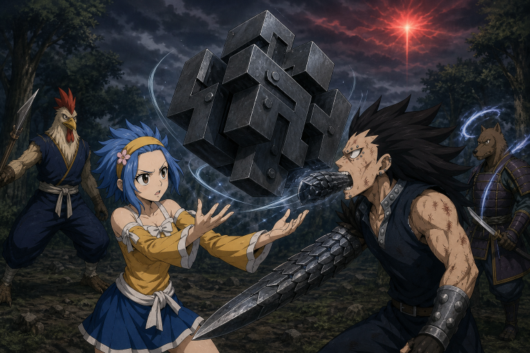 Levy creates iron for Gajeel during their battle with Kawazu and Yomazu in Fairy Tail Episode 102