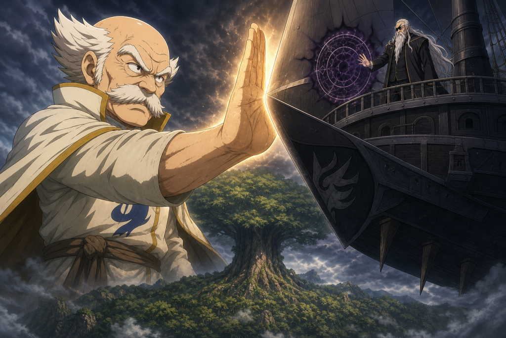 Giant Makarov blocks Hades and the Grimoire Heart airship above Tenrou Island in Fairy Tail Episode 103