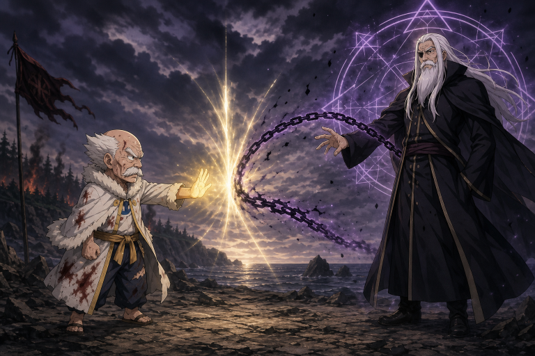 Injured Makarov confronts Hades with light and darkness magic on Tenrou Island in Fairy Tail Episode 104