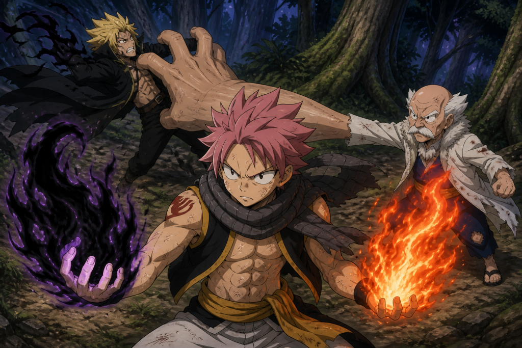 Natsu combines Dragon Slayer and God Slayer flames against Zancrow with Makarov's help in Fairy Tail Episode 105