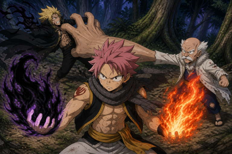 Natsu combines Dragon Slayer and God Slayer flames against Zancrow with Makarov's help in Fairy Tail Episode 105