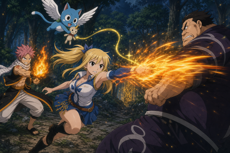 Lucy becomes the flaming Lucy Fire strike as Happy carries Mr. Cursey and Natsu powers the doll in Fairy Tail Episode 109