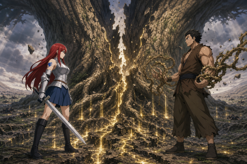 Erza faces Azuma at the roots as the Tenrou Tree breaks and Fairy Tail's protective magic drains away in Episode 113