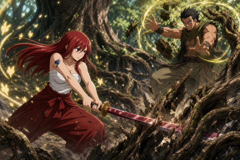 Erza breaks through Azuma's Great Tree Arc roots with Benizakura as Fairy Tail's shared magic protects her in Episode 114