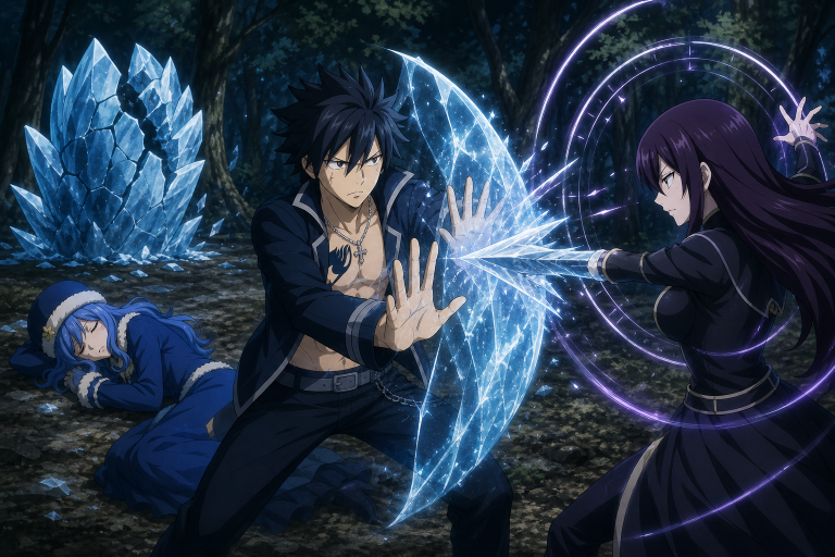 Gray blocks Ultear's attack on unconscious Juvia after rejecting her Iced Shell manipulation in Fairy Tail Episode 115