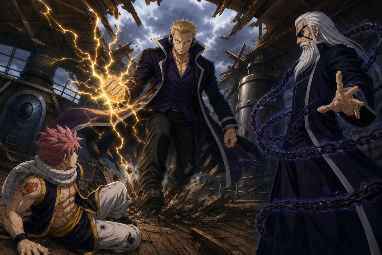 Laxus crashes through the Grimoire Heart airship in lightning to stop Hades from killing Natsu in Fairy Tail Episode 117