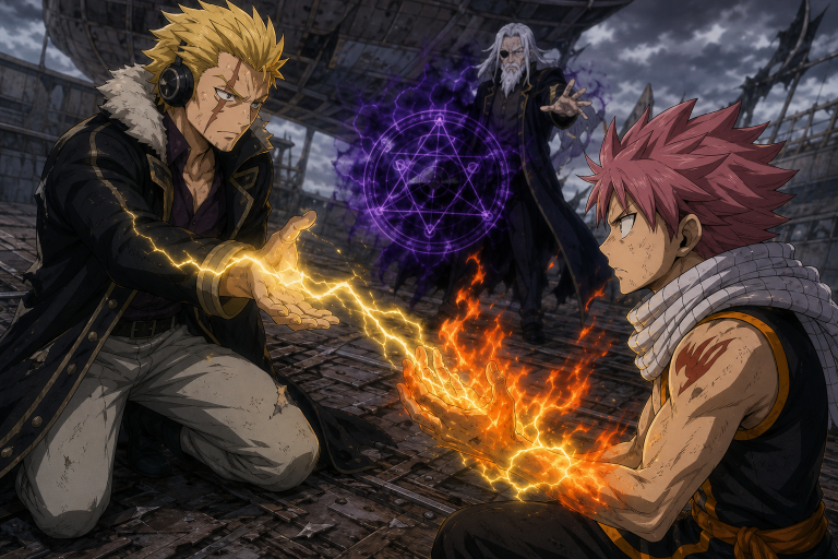 Laxus gives his remaining lightning to Natsu while Hades prepares another attack in Fairy Tail Episode 118
