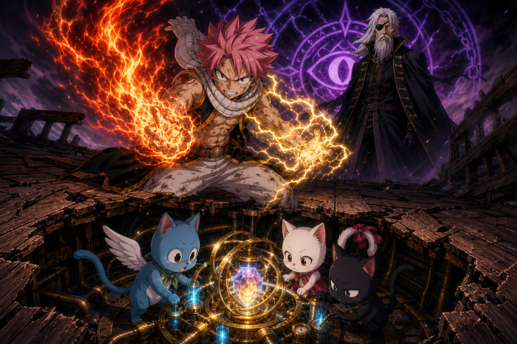 Natsu combines fire and gold lightning against Hades while Happy, Carla, and Panther Lily inspect a crystal engine below deck