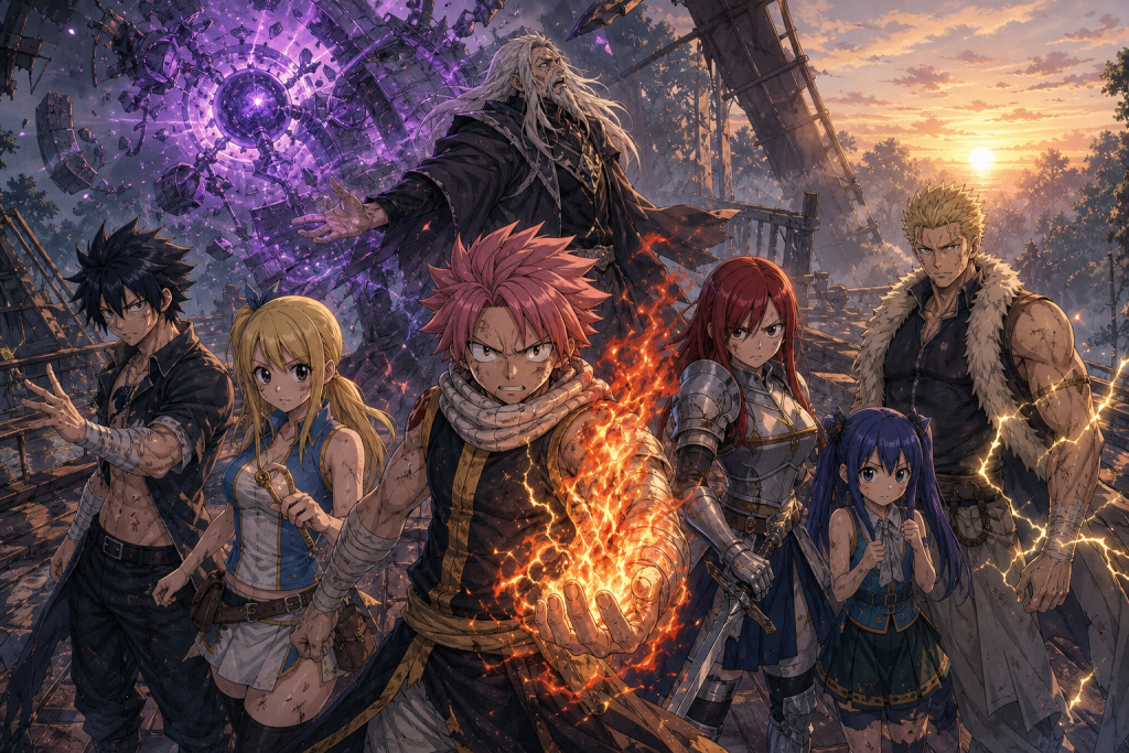 Natsu, Lucy, Gray, Erza, Wendy, and Laxus unite against a weakened Hades as dawn reaches Tenrou Island