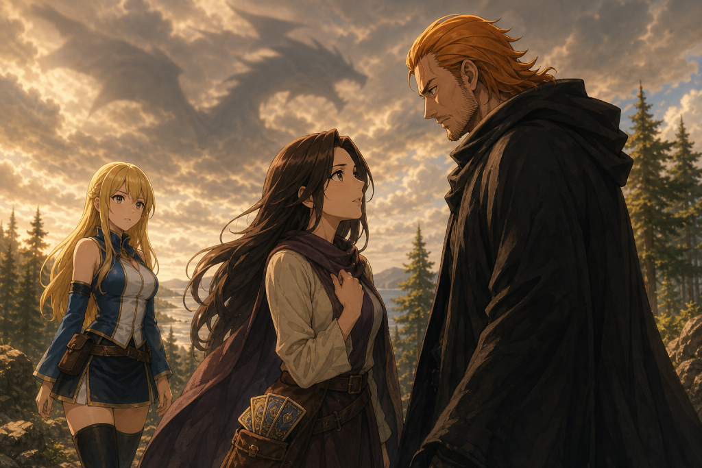 Cana tells Gildarts she is his daughter while Lucy watches nearby and Acnologia’s shadow gathers over Tenrou Island