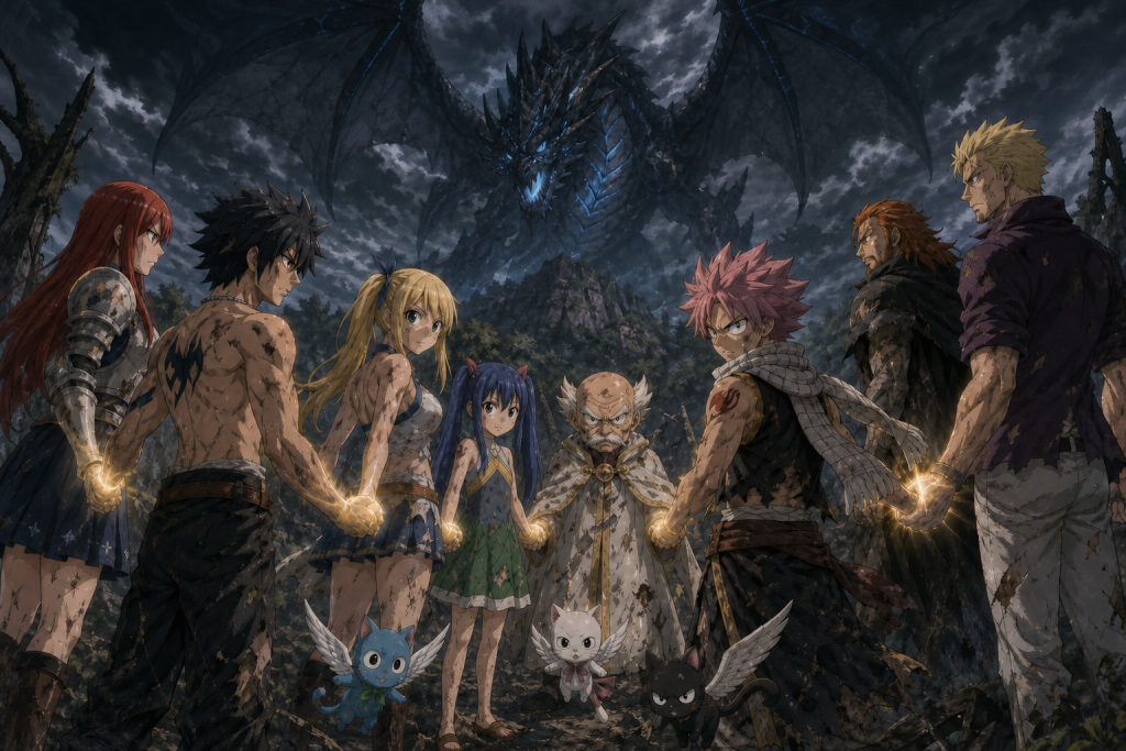 Fairy Tail members join hands around Makarov beneath Acnologia’s descending shadow on Tenrou Island