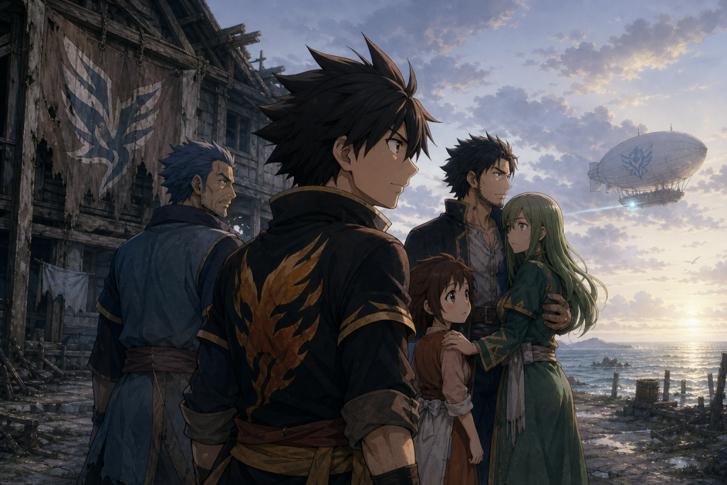 Older Romeo watches the sea while Macao, Bisca, Alzack, and Asuka wait beside the diminished Fairy Tail guild in X791