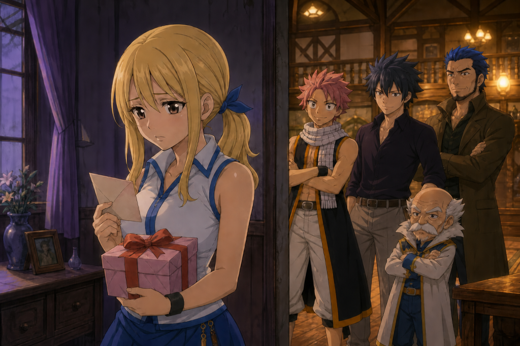 Lucy holds Jude’s final birthday gift as Natsu, older Romeo, Macao, and Makarov reunite at Fairy Tail after the seven-year gap