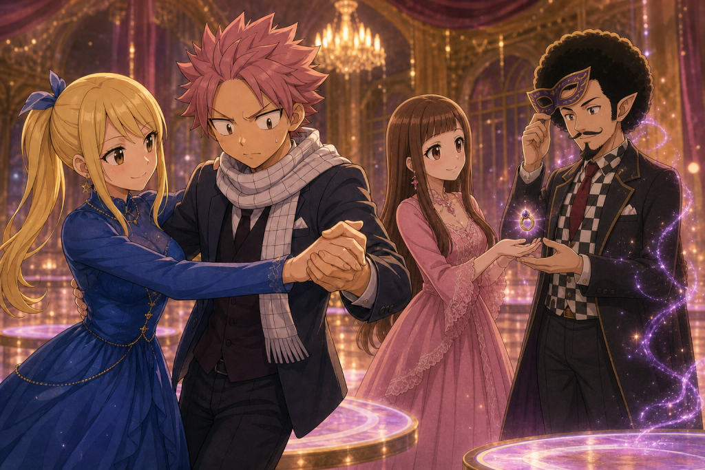 Lucy teaches Natsu to dance while Aceto accepts Velveno beside a glowing ring at the magical ball