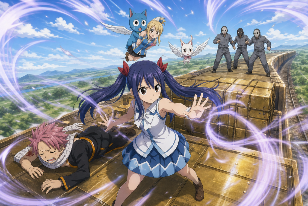 Wendy uses Sky Dragon magic to protect a gold train car while motion-sick Natsu rests and Lucy, Happy, and Carla return