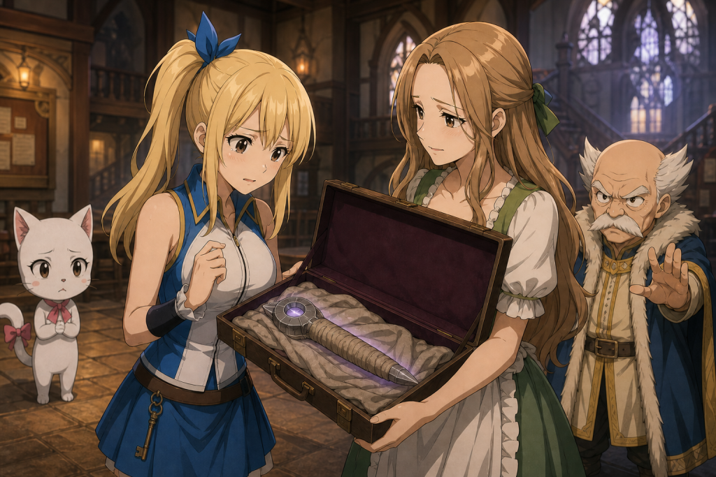 Michelle offers Lucy Jude’s bandage-wrapped clock hand as Carla worries and Makarov warns them inside Fairy Tail