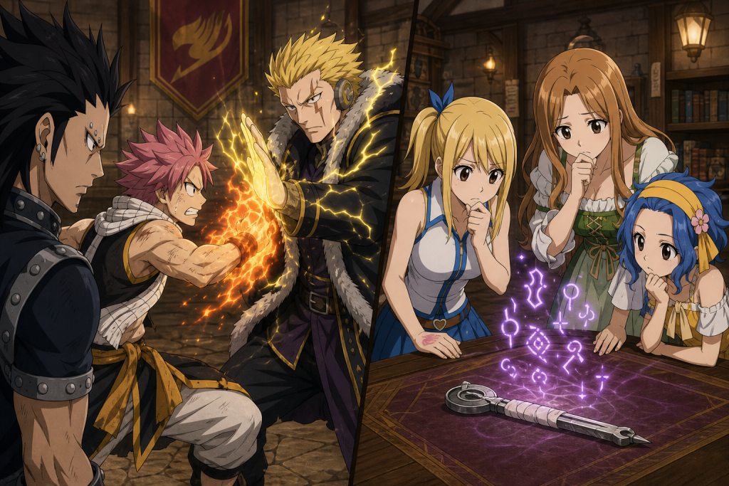 Natsu challenges Laxus as Gajeel watches while Lucy, Michelle, and Levy decode Jude’s glowing clock hand