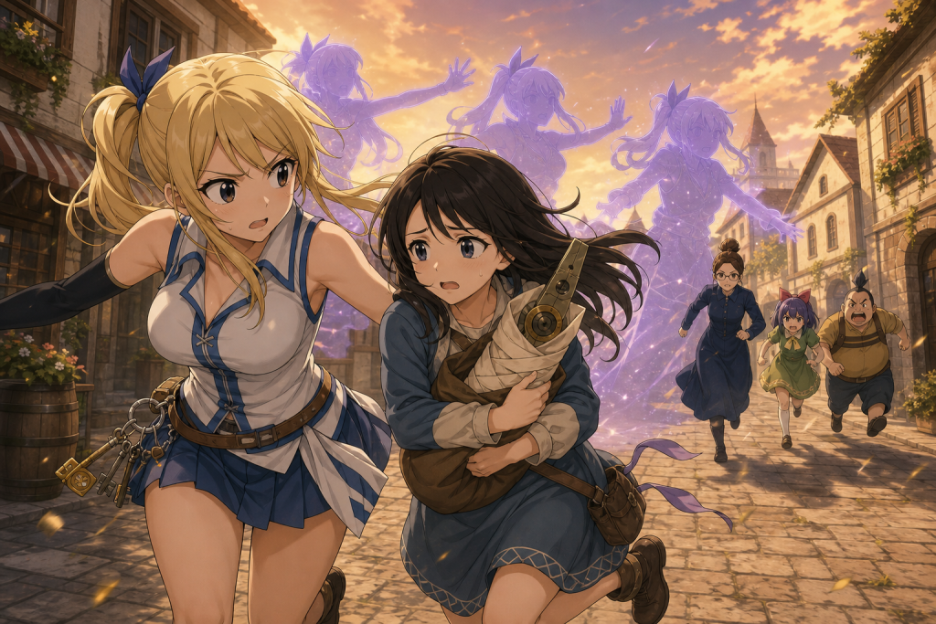 Lucy and Michelle escape with Jude’s clock hand as Mary Hughes, Coco, and Sugarboy attack Fairy Tail behind them