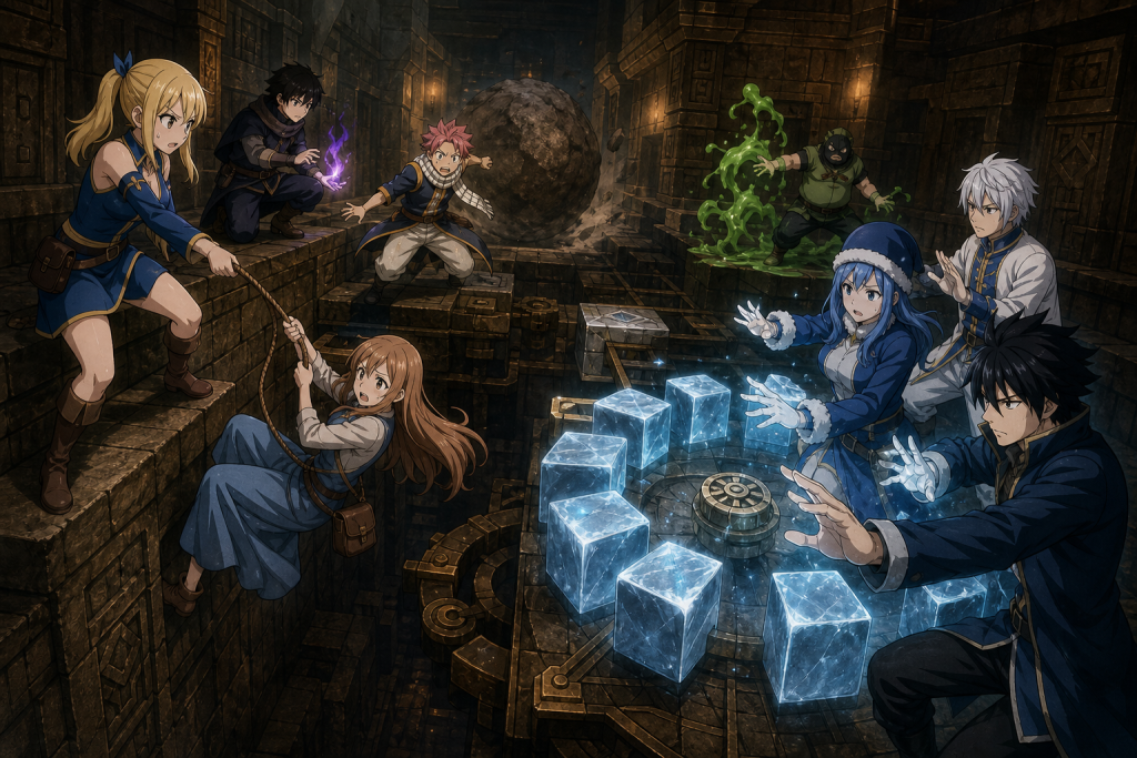 Lucy’s party descends through the Sacred Graveyard while Gray, Juvia, and Lyon solve a magical labyrinth in Fairy Tail Episode 134