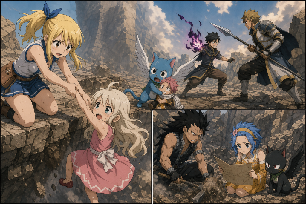 Lucy saves Coco inside the Sacred Graveyard while Fairy Tail searches for clock pieces in Episode 135